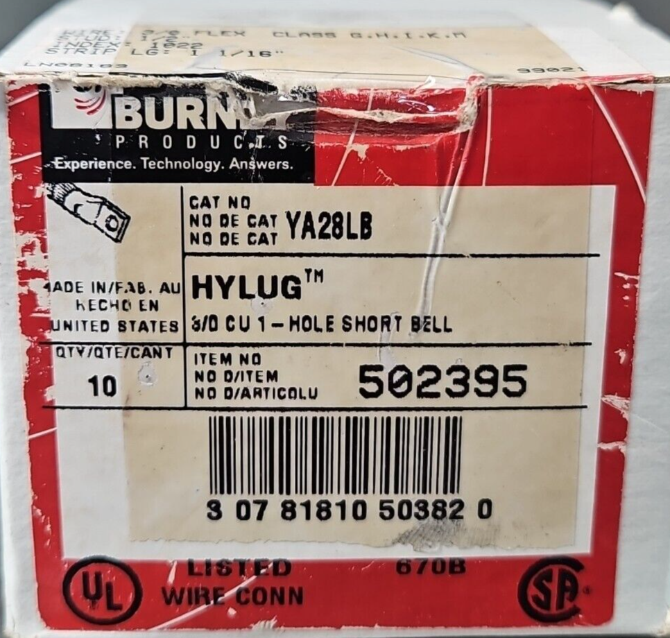 BURNDY YA28LB HYLUG 1-Hole Short Bell box with 10                        loc4A11