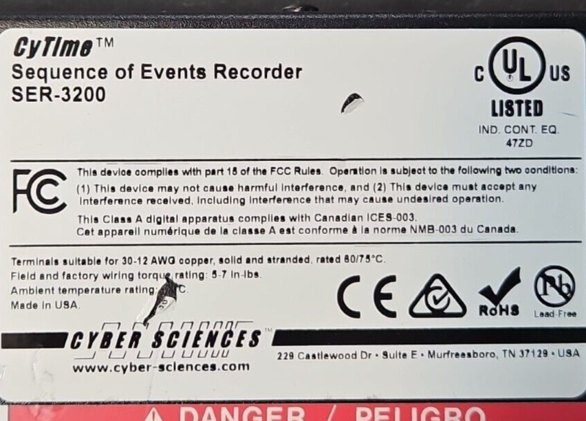 Cyber Sciences SER-3200-PTP Time Sequence of Events Recorder            (BIN454)