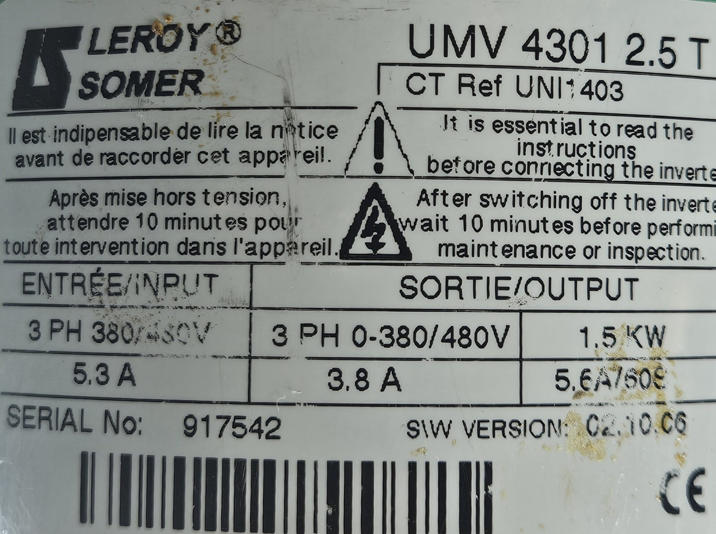 LEROY SOMER UMV4301 2.5T  1.5Kw Frequency driver (BIN2.4.2)