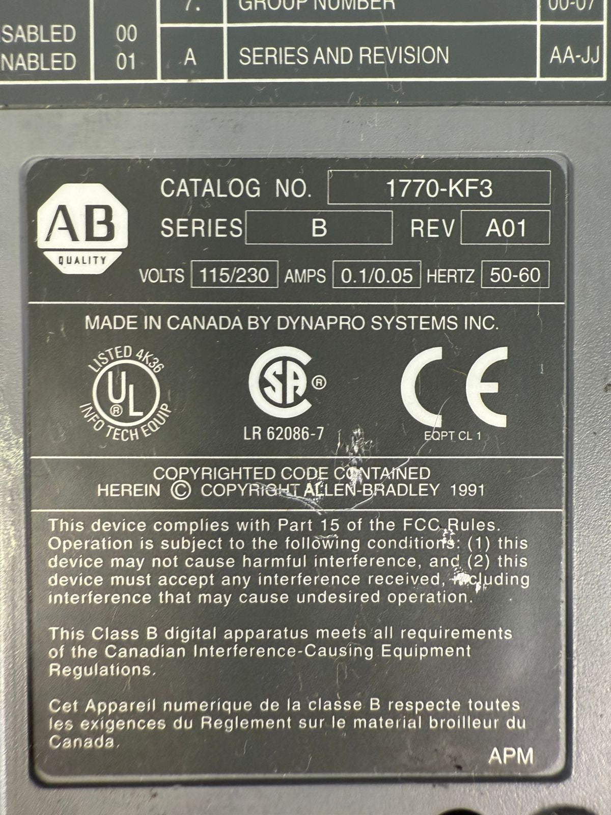 Allen Bradley 1770-KF3 /B Rev.A01 115-230V 0.1/0.05 A Dh-485       (6.3.3)