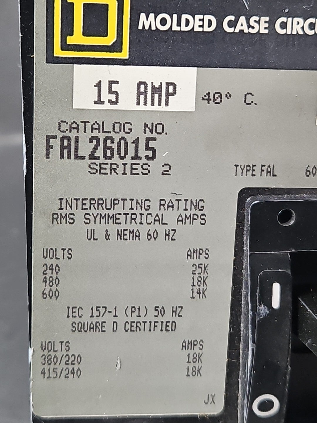 Square D FAL26015 Circuit Breake 15 amp 2 pole 600 volt                 (BIN434)