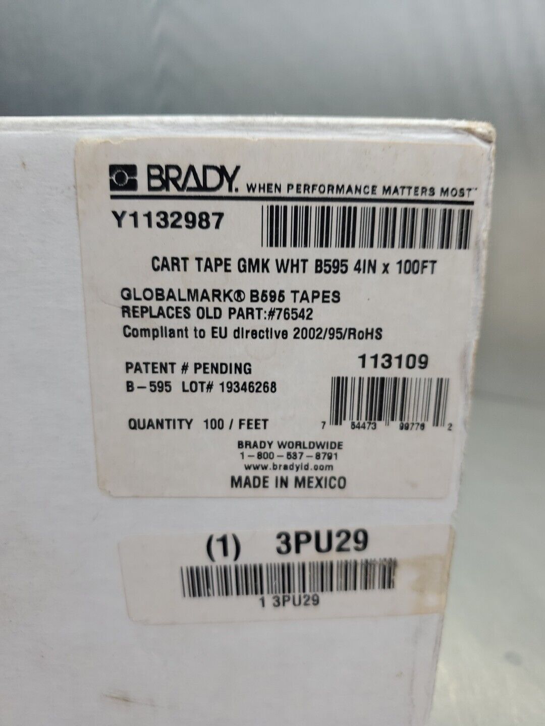 BRADY Y1132987 Cart Tape, WHITE, 4INx100FF.                                5E-30