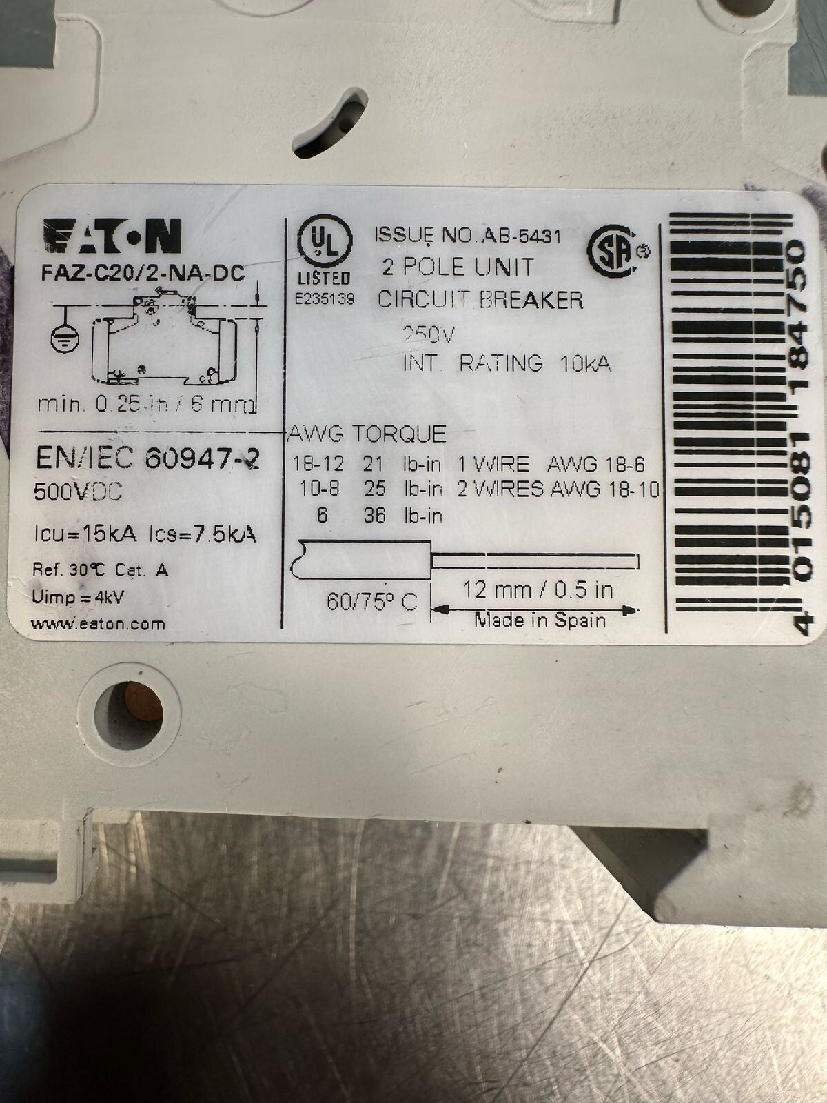 Eaton FAZ-C20/2-NA-DC  2P  500VDC 60947-2   FAZ-C20/2-NA           (6.4.3)