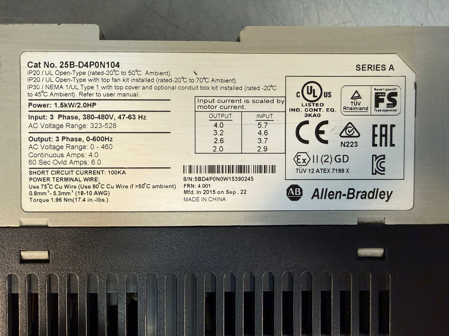 Allen Bradley 25B-D4P0N104 /A Powerflex 525 1.5 Kw 2HP 3Ph         (9.3.5)