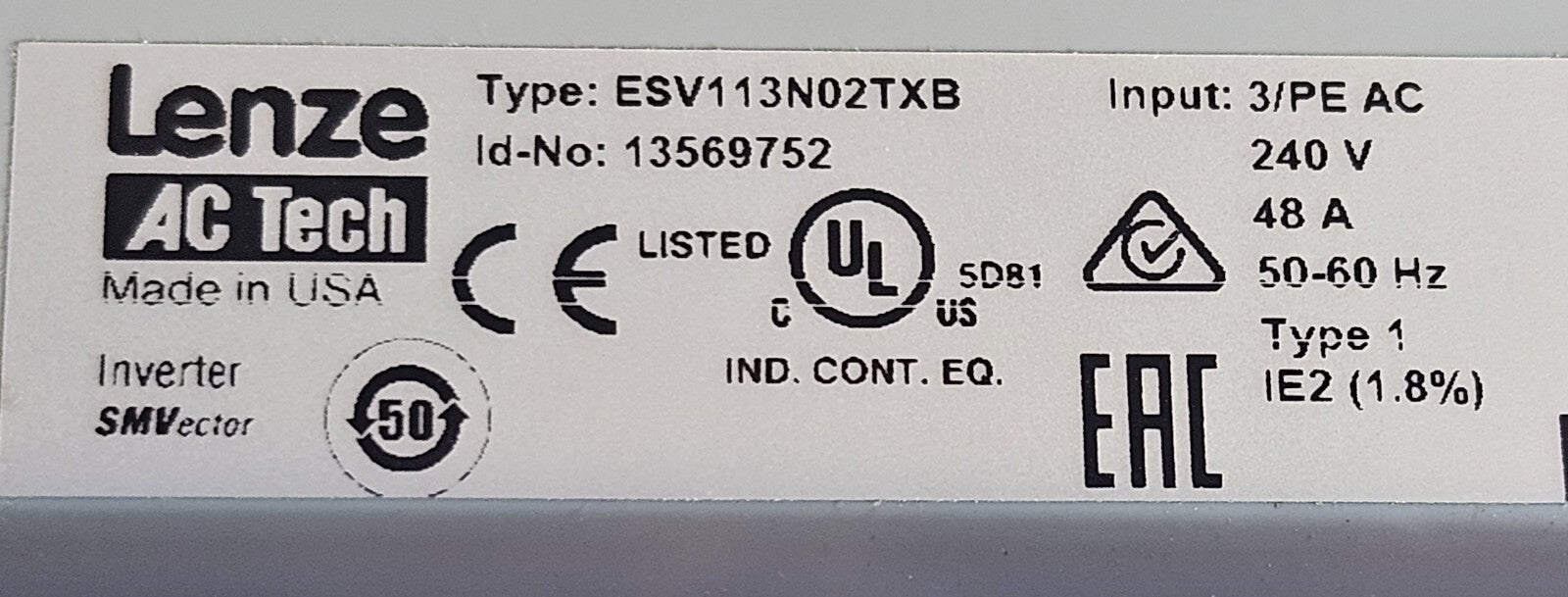 Lenze AC Tech ESV113N02TXB  VFD Frequency Motor Drive 240V              (BIN312)
