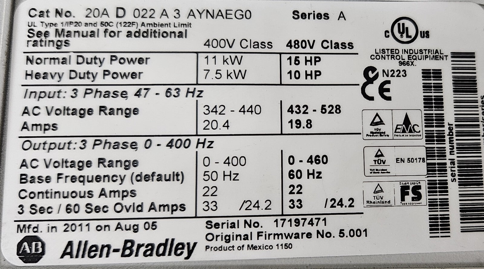 Allen Bradley 20AD022A3AYNAEG0 Ser A PowerFlex 70 AC Drive        (BIN3.6.4)
