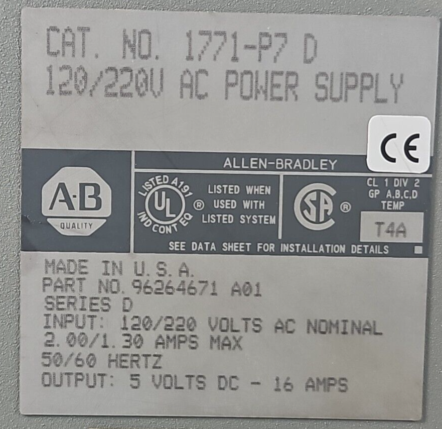 Allen Bradley 1771-P7 Ser D Power Supply Module     (BIN2.2.3)