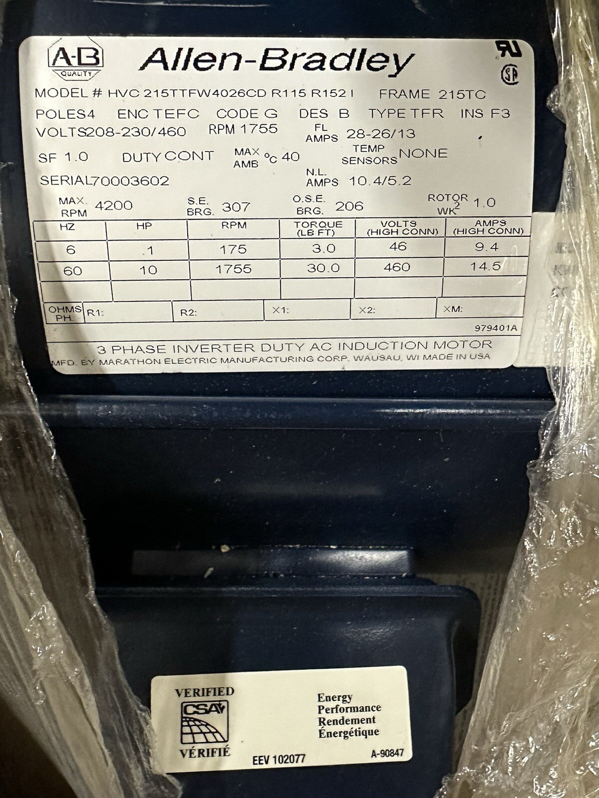 Allen Bradley 215TTFW4026CD 3 PHASE INVERTER DUTY AC INDUCTION MOTOR (7.5.3)