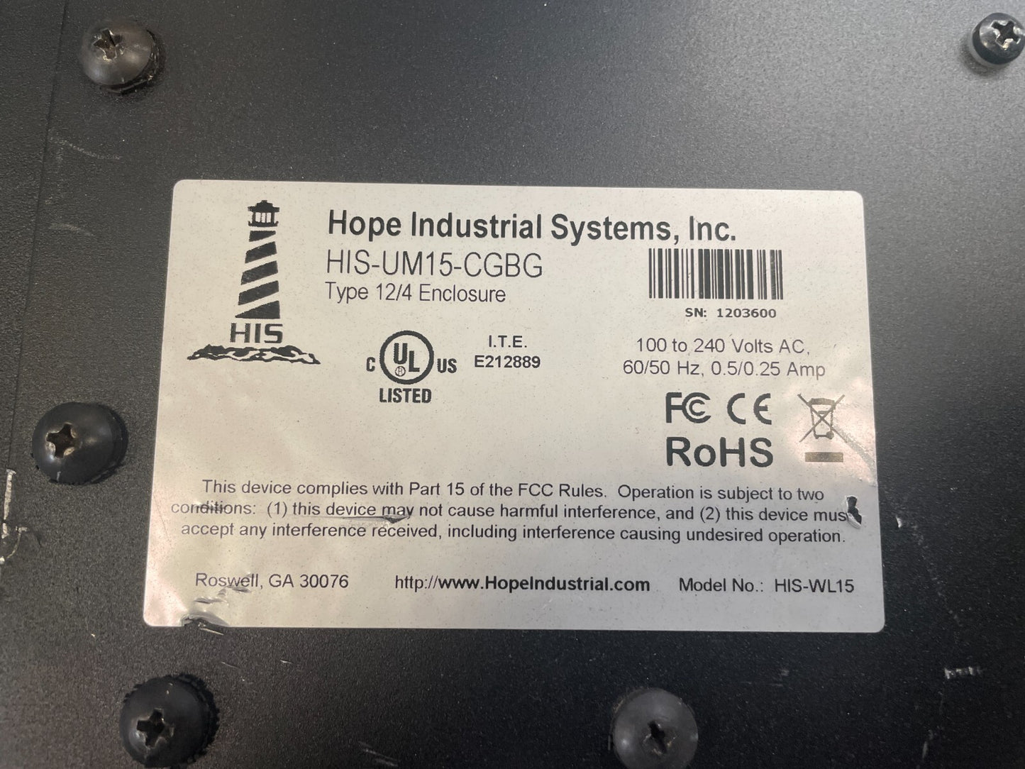 Hope Industrial HIS-WL15 Black 15-Inch LCD Screen 100 To 240V Interface Monitor