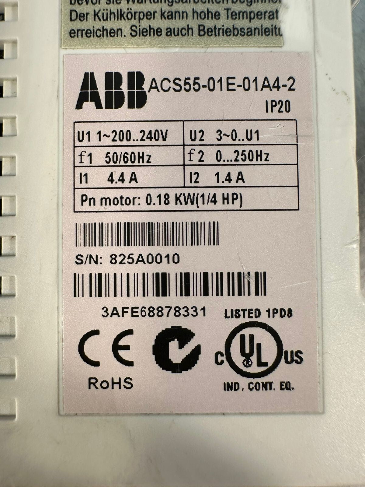 Abb ACS55-01E-01A4-2 AC DRIVE 240V Pn 0.18kW(1/4Hp) I2n 1,4A       (4.3.4)