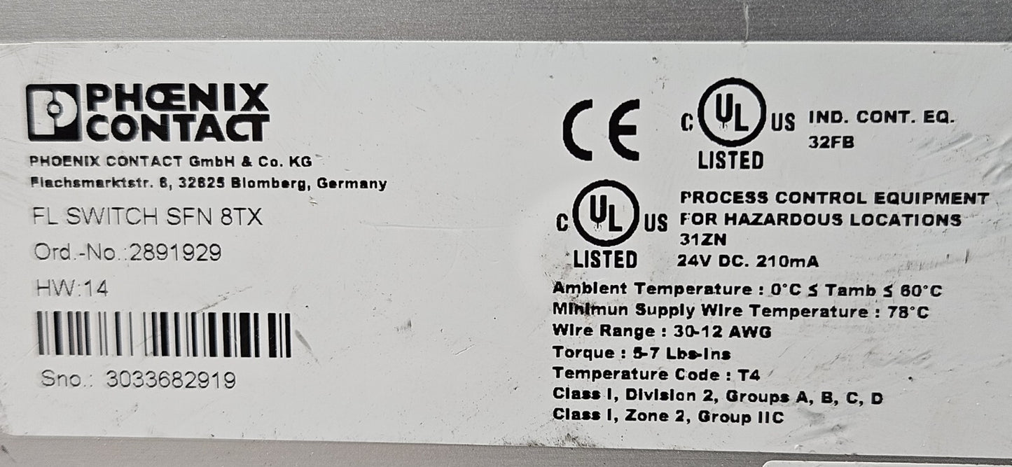Phoenix Contact FL SWITCH SFN 8TX  Ethernet Switch                      (BIN531)