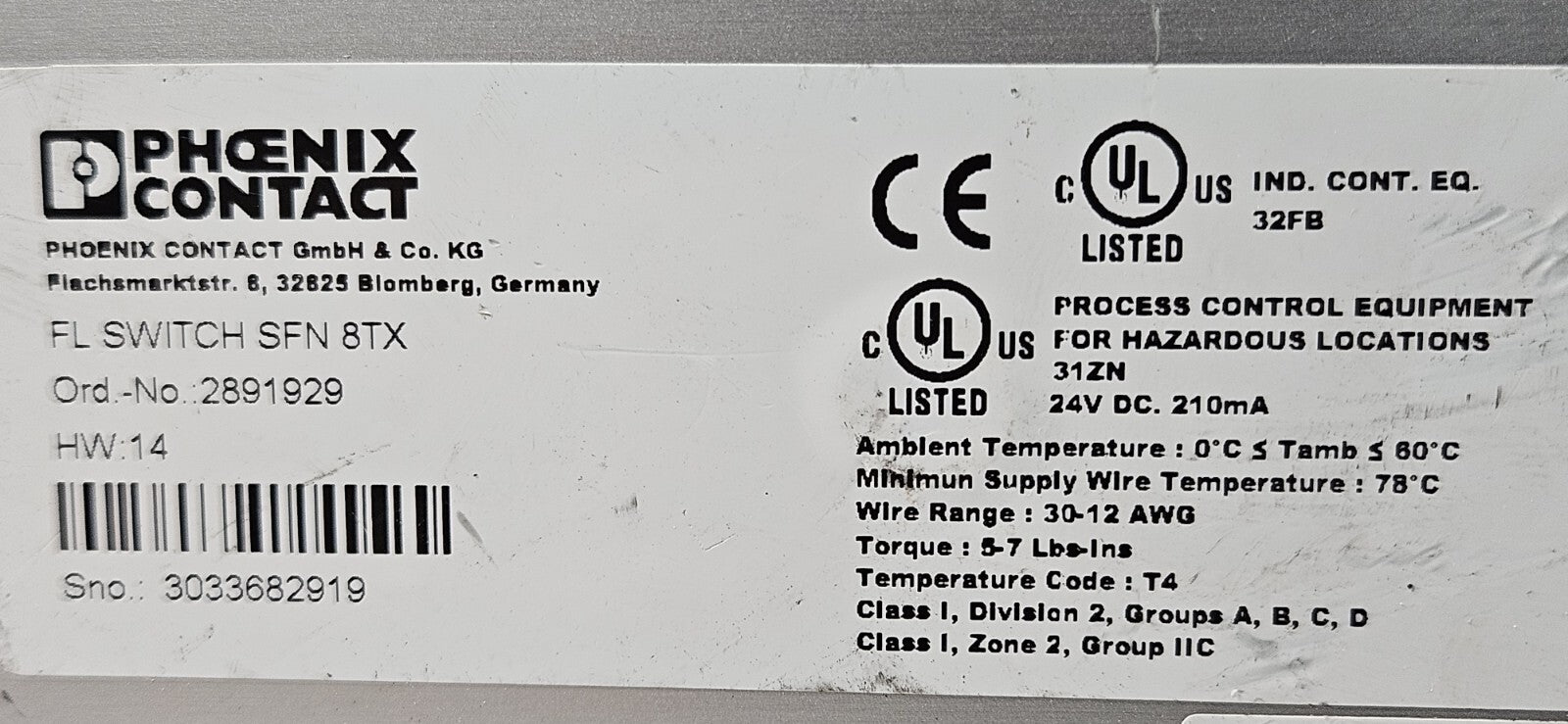 Phoenix Contact FL SWITCH SFN 8TX  Ethernet Switch                      (BIN531)