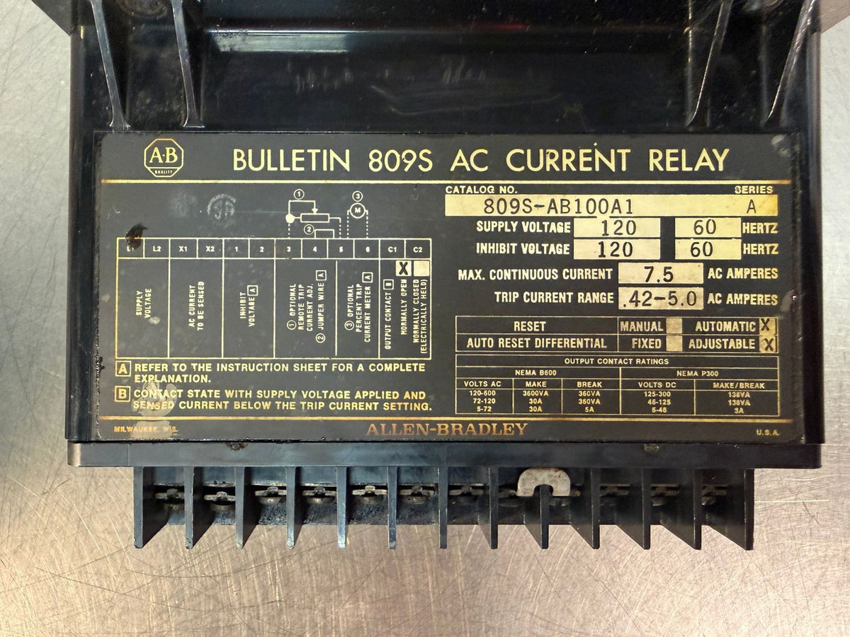 Ab 809S-AB100A1 Bulletin 809S Current Relay .42-5 Amp Auto. Adjust (7.2.3)
