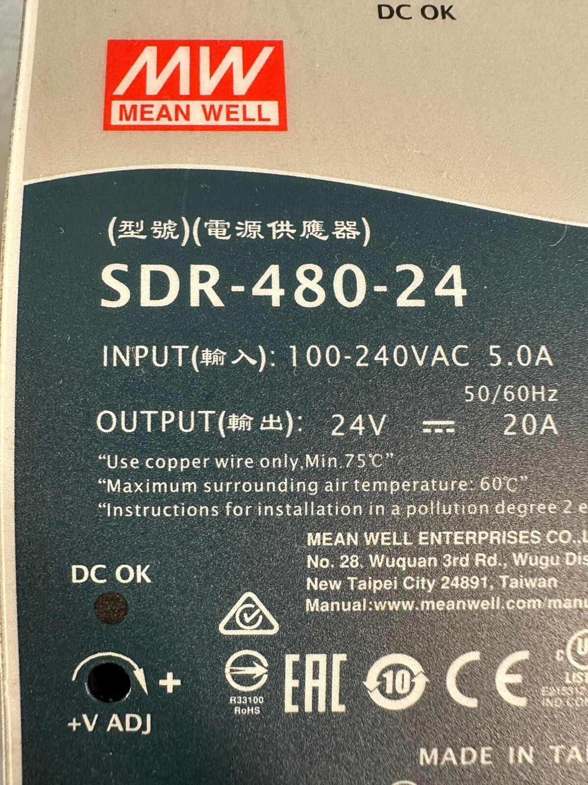Mean Well SDR-480-24 Power Supply 100-240 Vac 50/60Hz  (6.3.2)