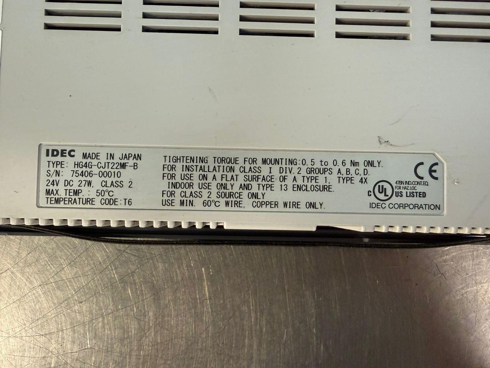 Idec HG4G-CJT22MF-B Touchscreen Operator Interface 24Vdc 27W Class2 (8.5.5)