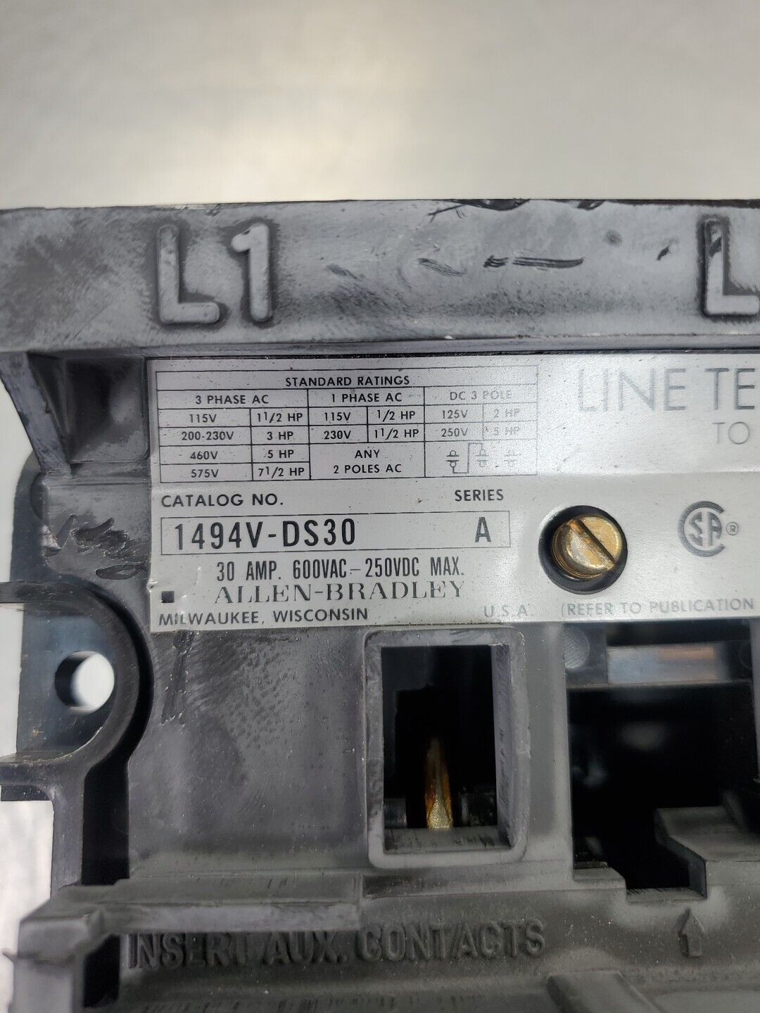 Allen-Bradley 1494V-DS30 SER D Disconnect Switch w/1494V-FSR633 Terminal.  1E-23