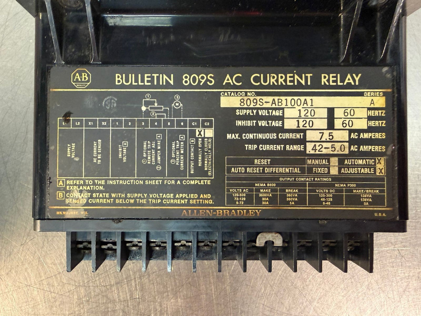 Ab 809S-AB100A1 Bulletin 809S Current Relay .42-5 Amp Auto. Adjust (7.2.3)