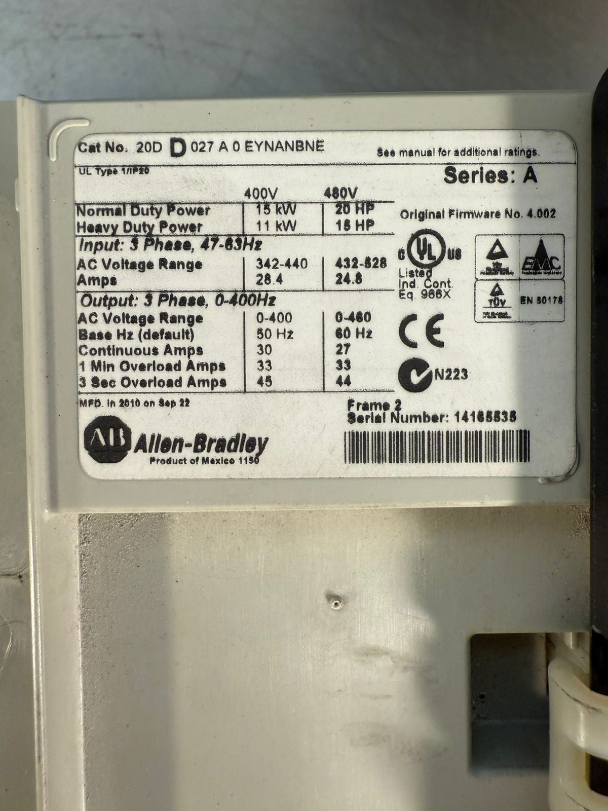 Allen Bradley 20D-D-027-A-0-EYNANBNE /A 3Ph   PowerFlex 700S      (11.6.5)