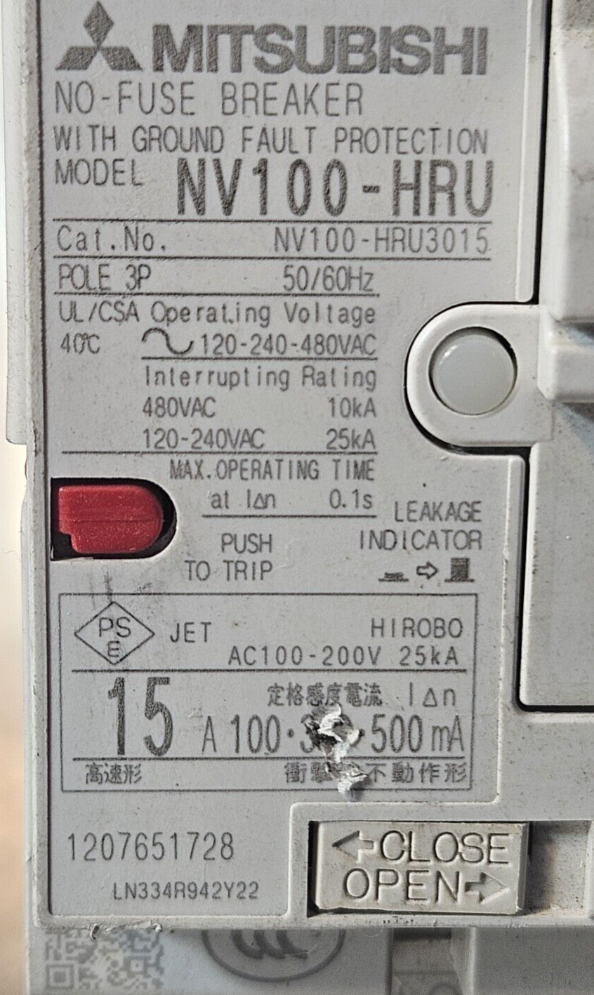 Mitsubishi NV100-HRU3015 Circuit Breaker 15A                              loc4B9