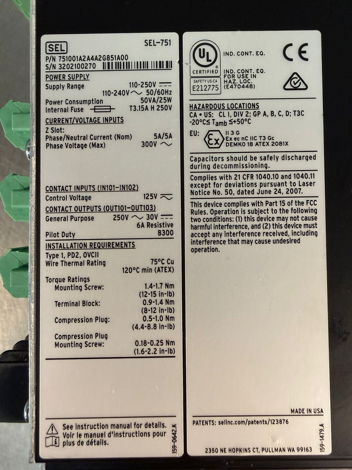 Sel  Sel-751 Feder Protection Relay 751001A2A4A2G851A00 110-250V   (5.5.3)