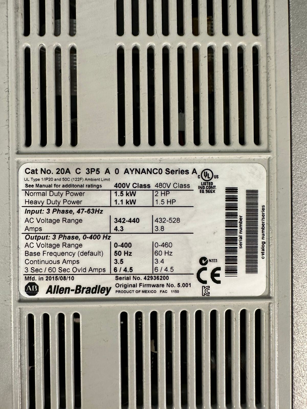 Allen Bradley 20AC3P5A0AYNANC0 /A PowerFlex70 Variable Frequency D. (9.4.1)