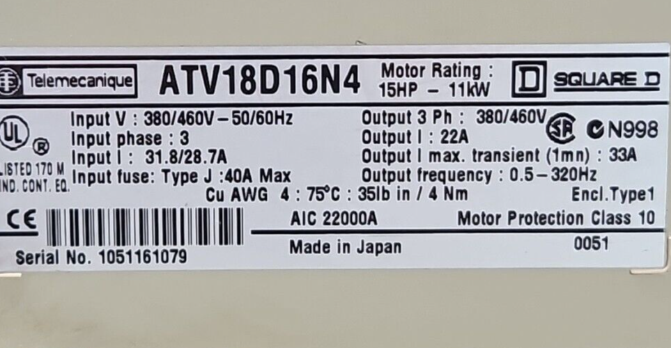 Telemecanique Square D ATV18D16N4  Frequency Inverter 15hp-11Kw  (BIN2.3.4)