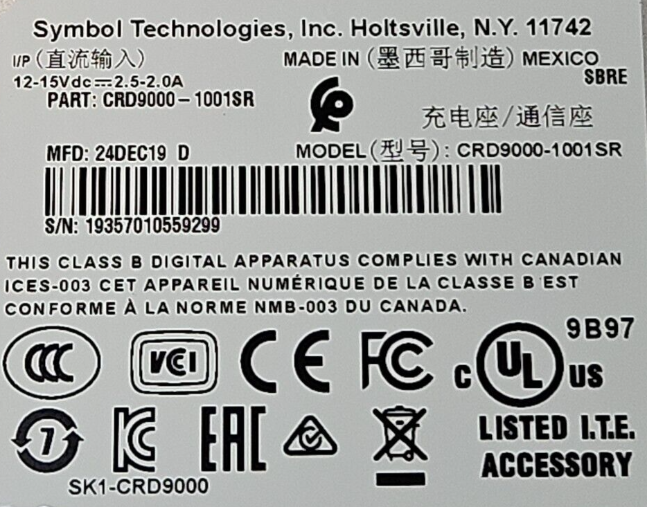 Symbol CDR9000-1001SR Charging Cradle USB Sync Dock *Charger Only* (BIN2.3.1)