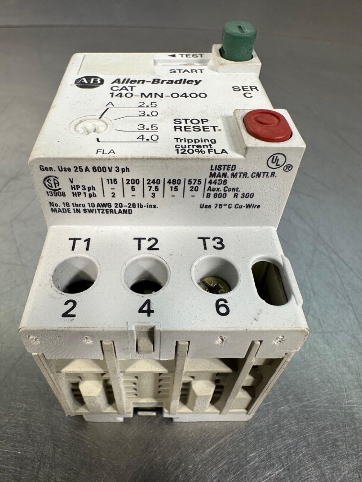 Allen Bradley 140-MN-0400 Manual Motor Starter Ser C Overload (4D-17)
