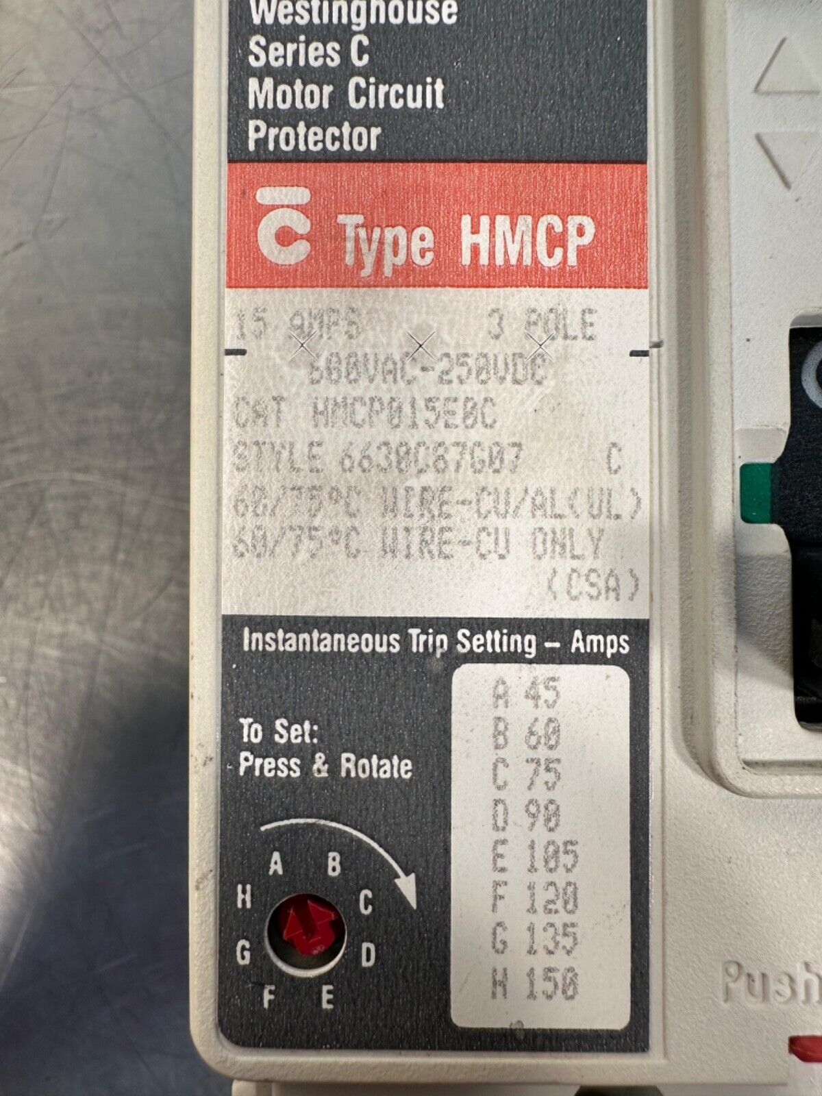 Westinghouse HMCP015E0C Bolt-On Circuit Breaker 15A 600V 3P  (4B-27)