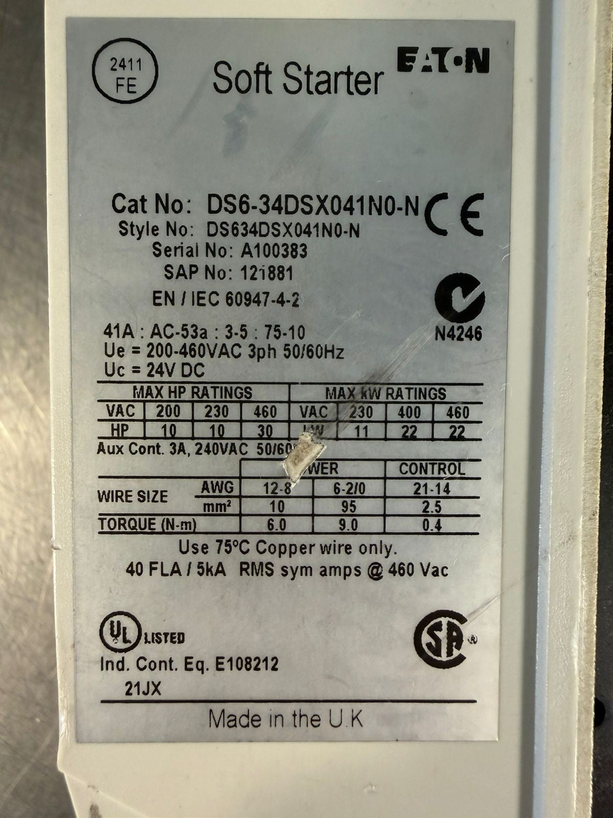 Eaton DS6-34DSX041N0-N Soft Starter Aux. Cont. 3A - 240Vac         (5.4.2)