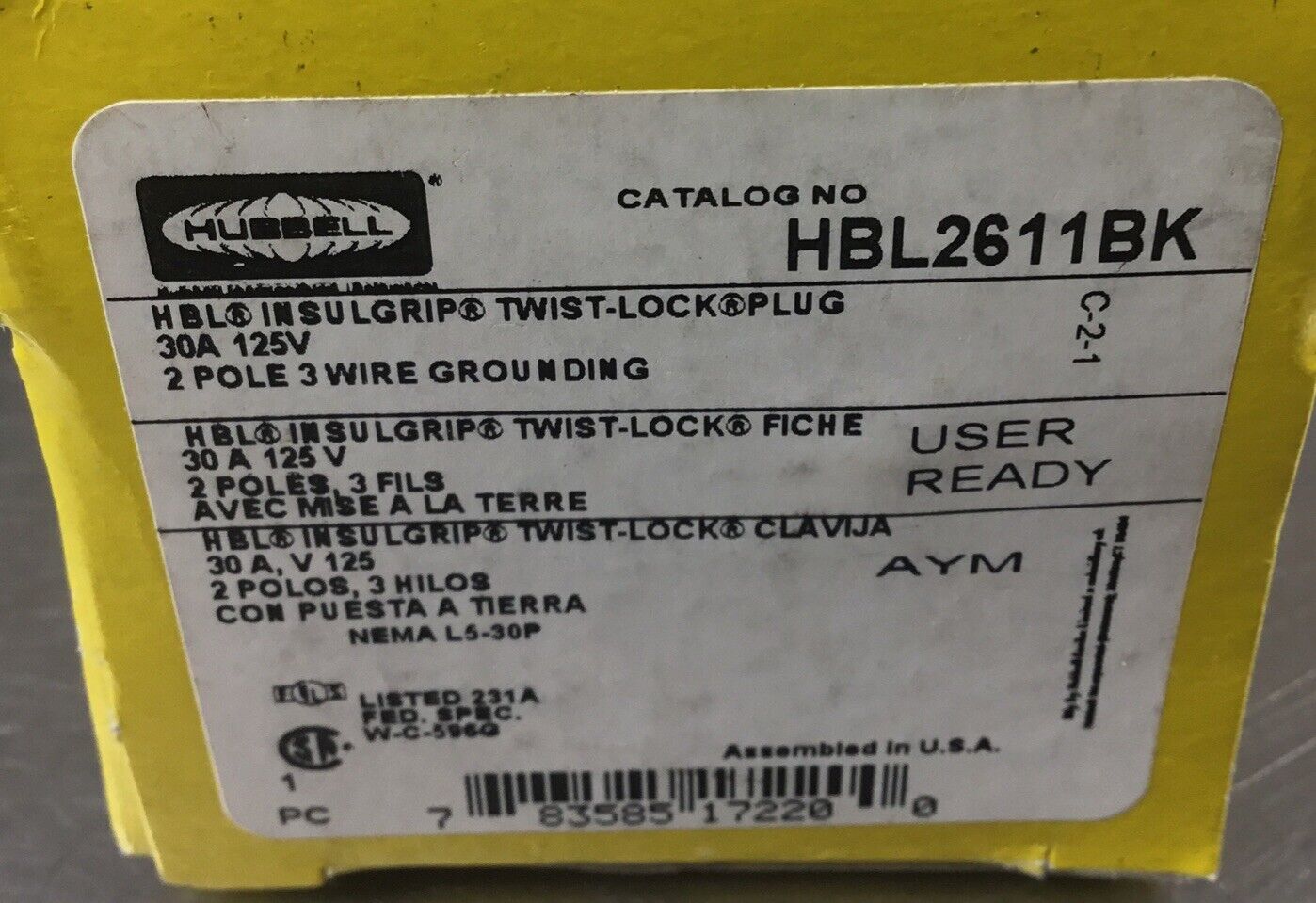 HUBBELL HBL2611BK TWIST-LOCK PLUG, 30A 125V 2P 3W GROUNDING       4E-36