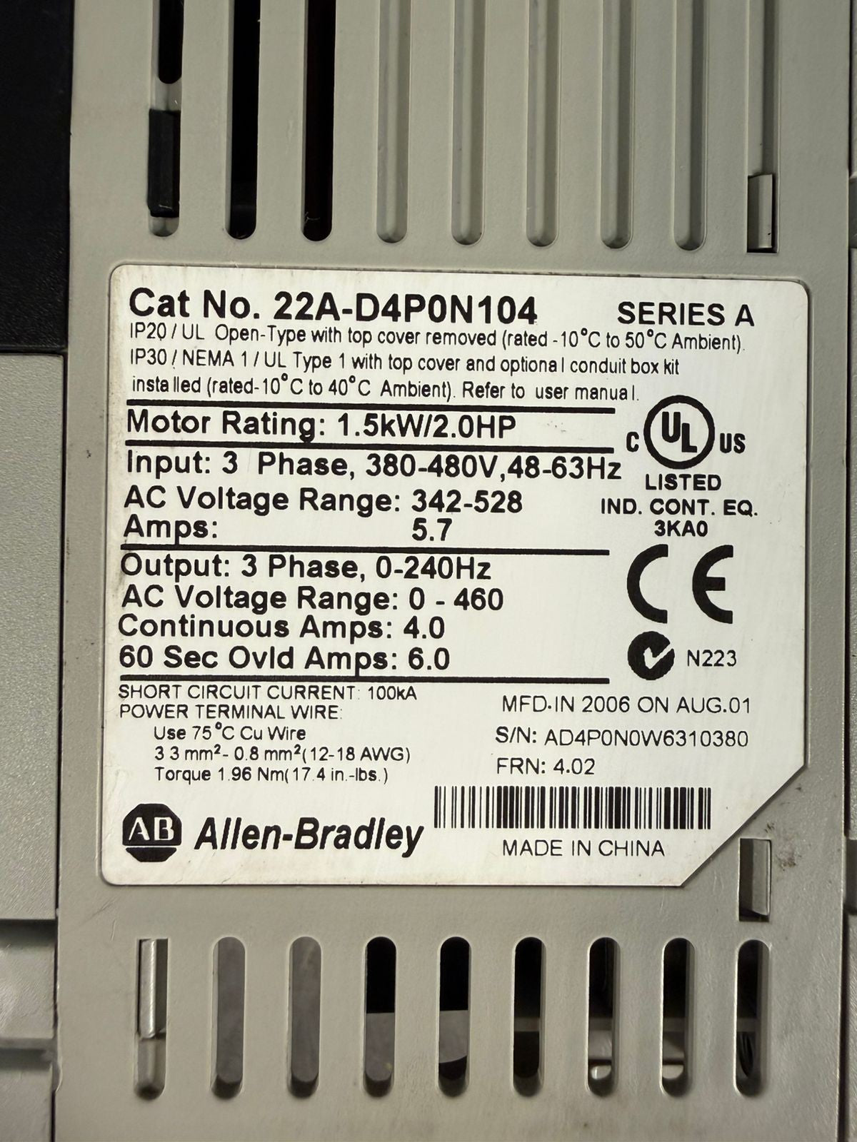 Allen Bradley 22A-D4P0N104/A PowerFlex 4, 1.5 W 2HP                (8.6.3)