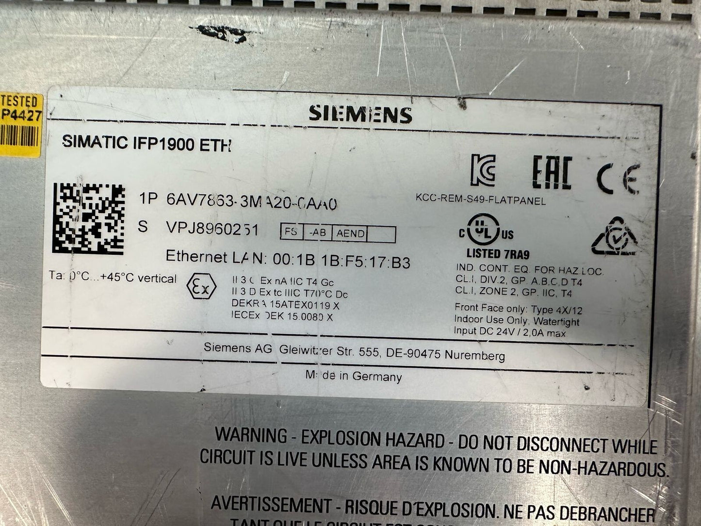  Siemens Simatic IFP1900 ETH 6AV7863-3MA20-0AA0 (8.6.8)