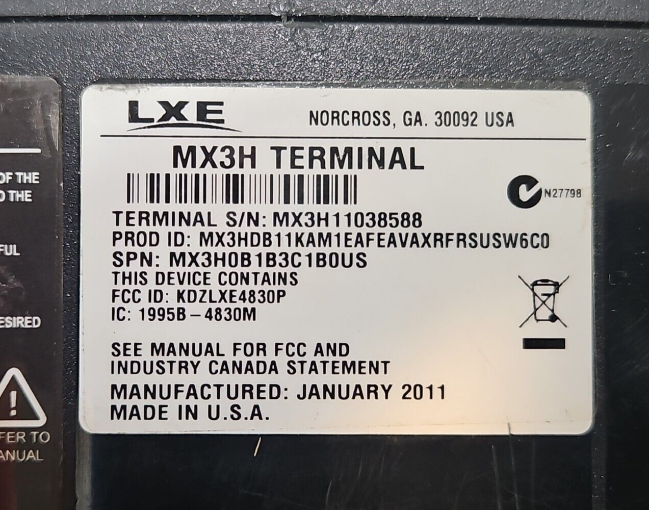 LXE MX3Plus Mobile Computer MX3H Terminal Broken screen                 (BIN533)