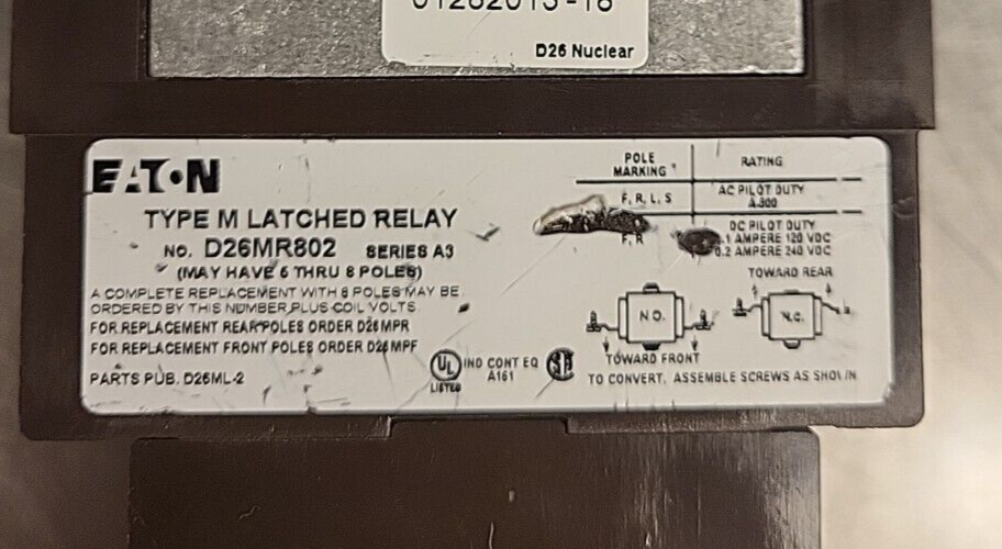 Eaton Cutler Hammer  D26MR802  Type M Latched Relay Series A3  (BIN3.5.1)#