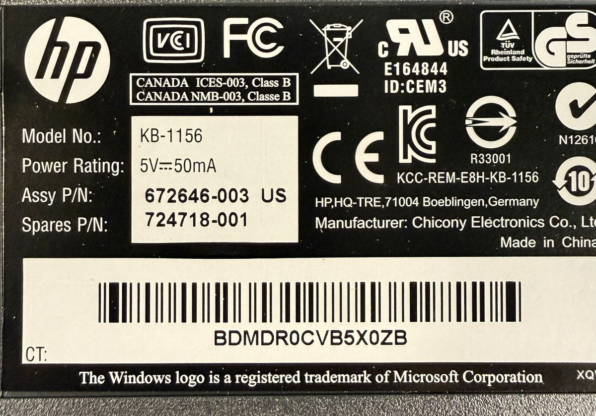 Hp Black Keyboard Model KB-1156 Pn. 672646-003                    (3.1.1)