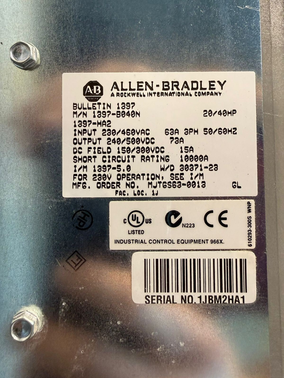 Allen Bradley   Bulletin 1397  1397-B040N 1397-HA2 20/40HP              (12.4.7)