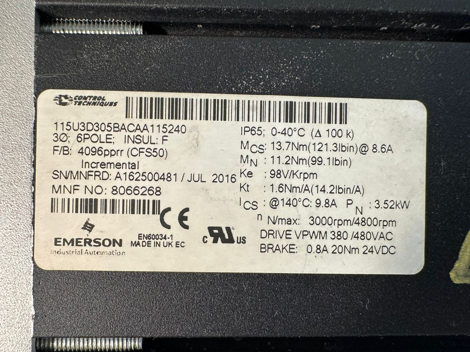 Control Techniques 115U3D305BACAA115240 6Pole Insul: F 8066268 (11.6.1)