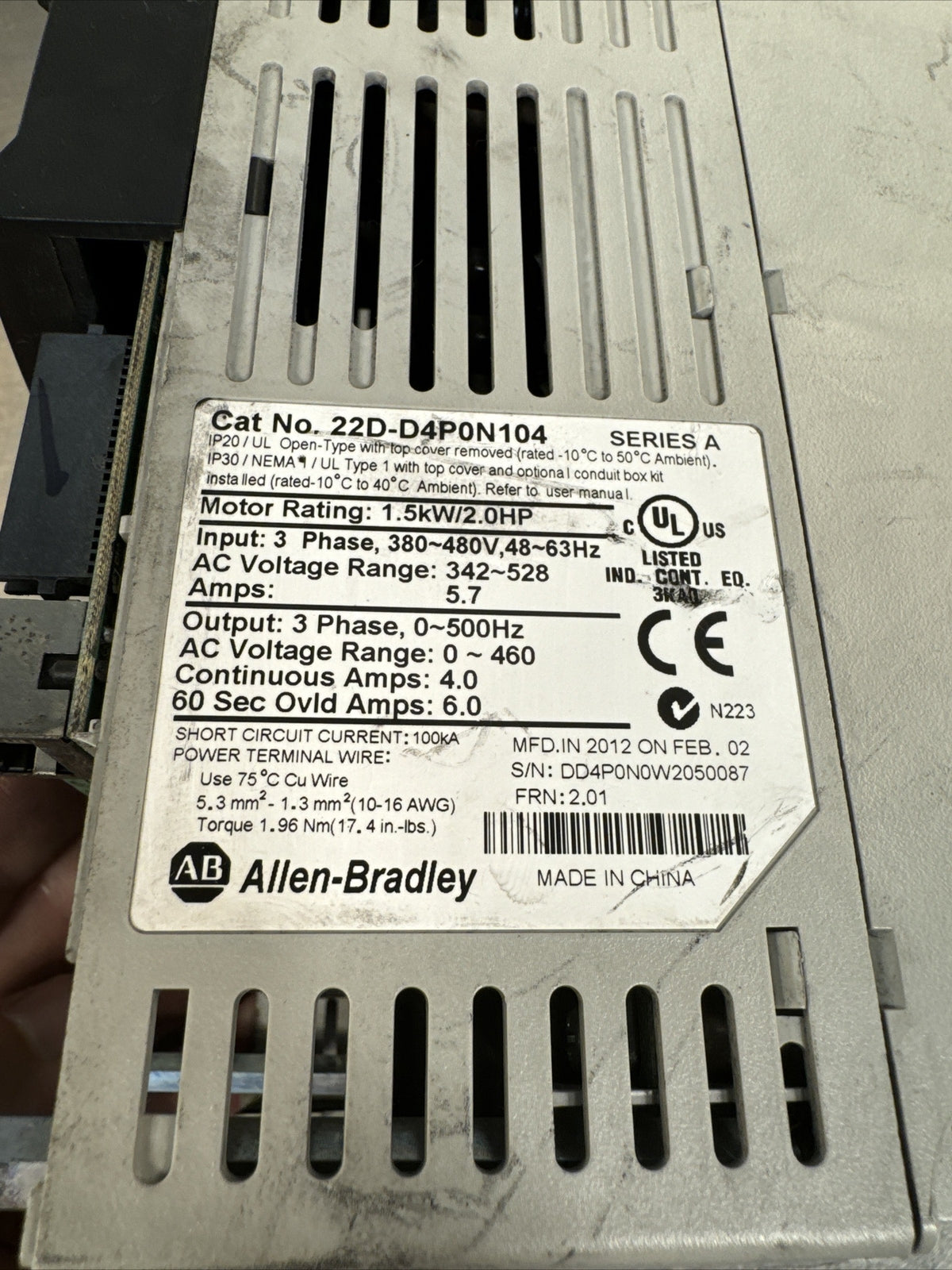 22D-D4P0N104 AB PowerFlex 40P Drive 2 HP Series A Tested Good (Bin 2.5.1)
