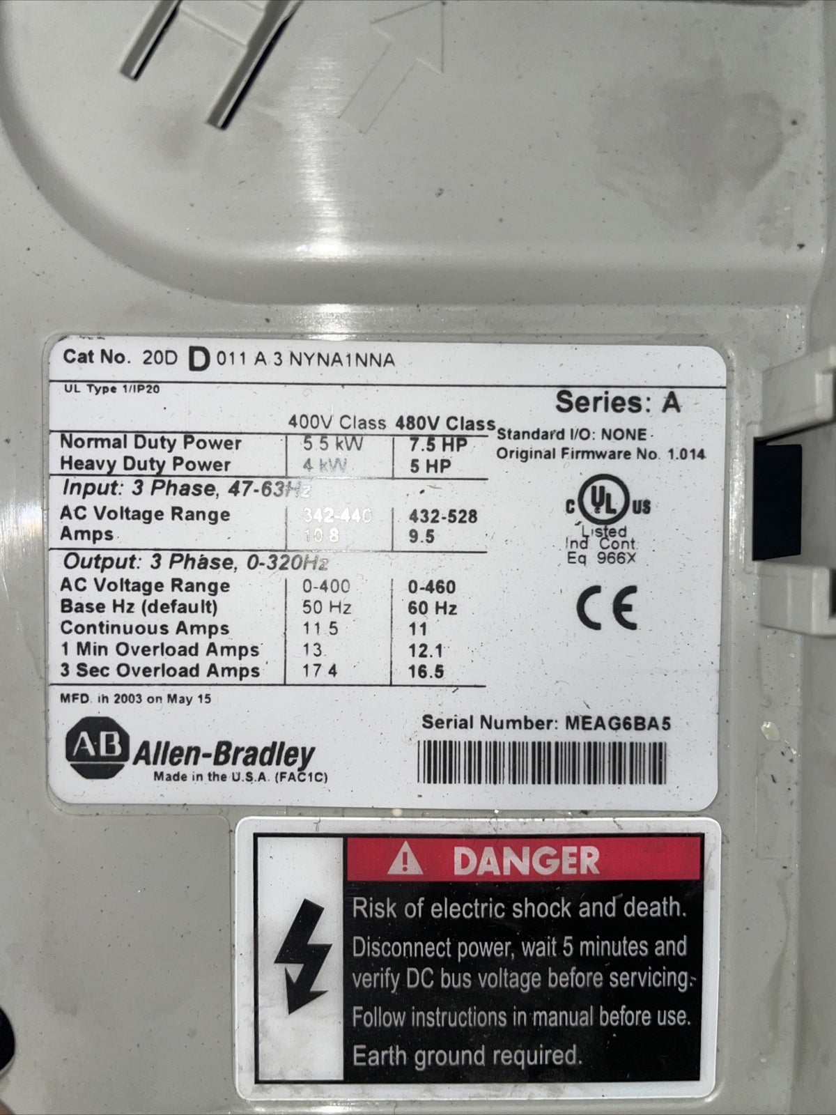 ALLEN BRADLEY  20DD011A3NYNA1NNA /A  PowerFlex 700S 7.5HP 3Ph 0-320Hz 480V   @2A