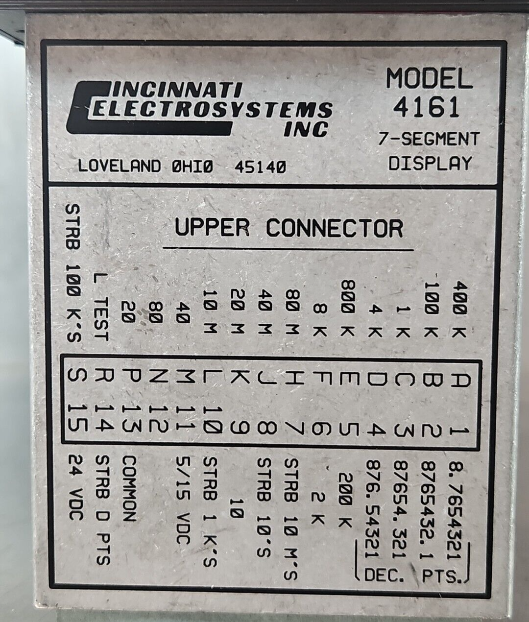 Cincinnati Electrosystems 4161 Displays Model Number                    (BIN414)