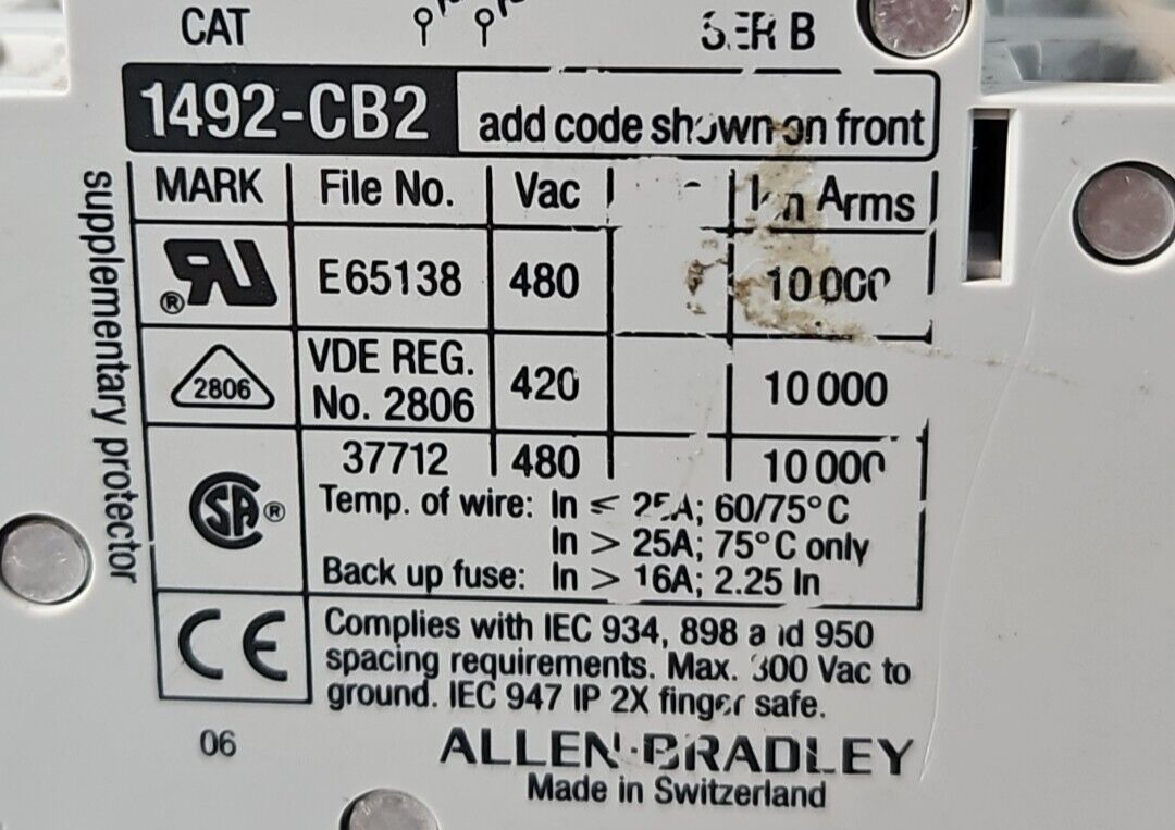 Allen-Bradley 1492-CB2 G005 Series B Circuit Breaker                     loc4A16