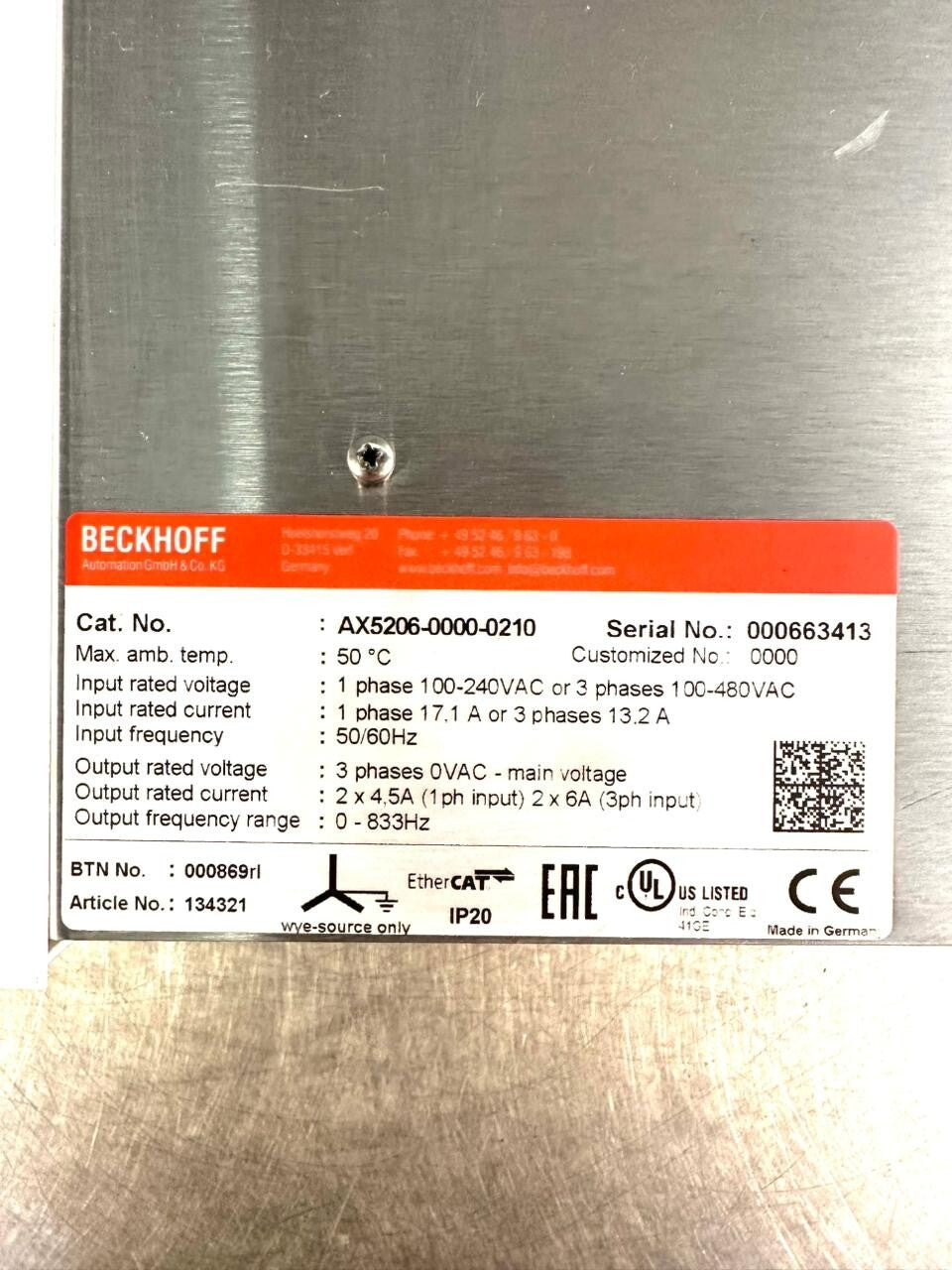 Beckhoff AX5206-0000-0210 Servo Drive                        (9.4.1)