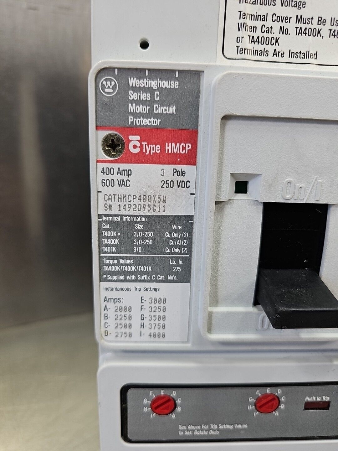 Westinghouse HMCP400X5W Motor Circuit Protector 400A 3Pole 600V.        Loc4C