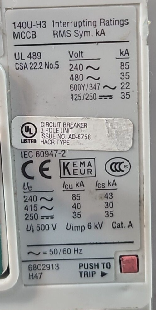 Allen Bradley 140U-H3C3-C80 Circuit Breaker 80A 3 Pole 3Ph 600V         (BIN645)