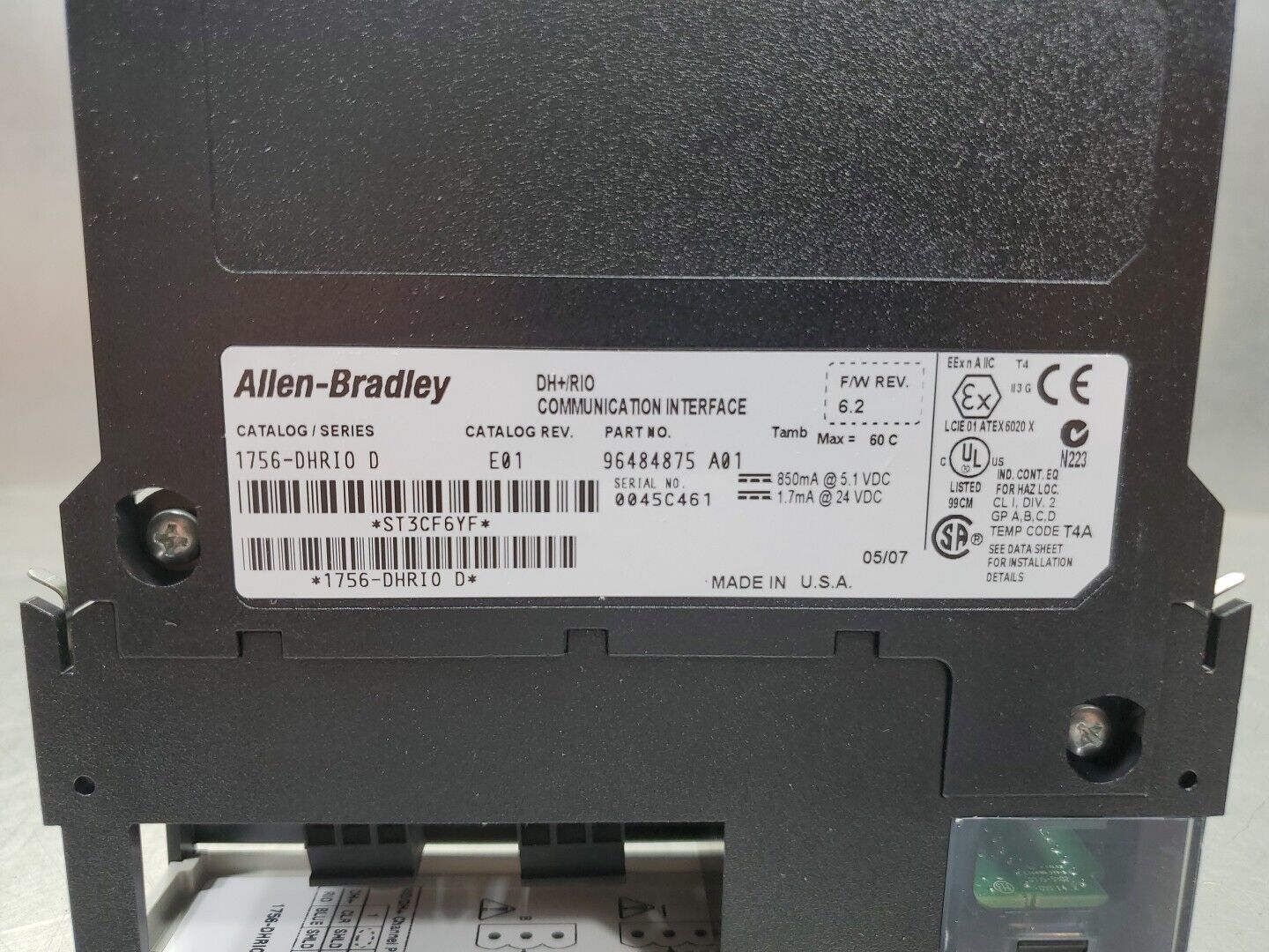Allen Bradley 1756-DHRI0 Ser.D E01 Controllogix DH+/RIO Comms Module ...