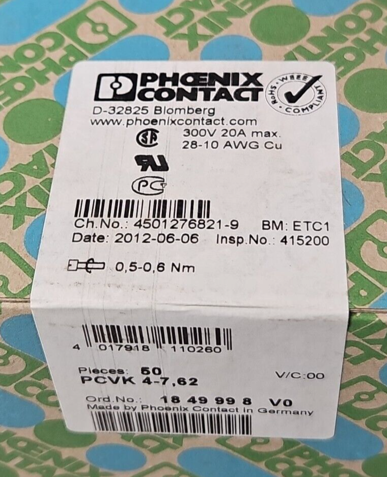 Phoenix Contact PCVK 4-7,62 Terminal Block (Box of 50)                   loc4A13