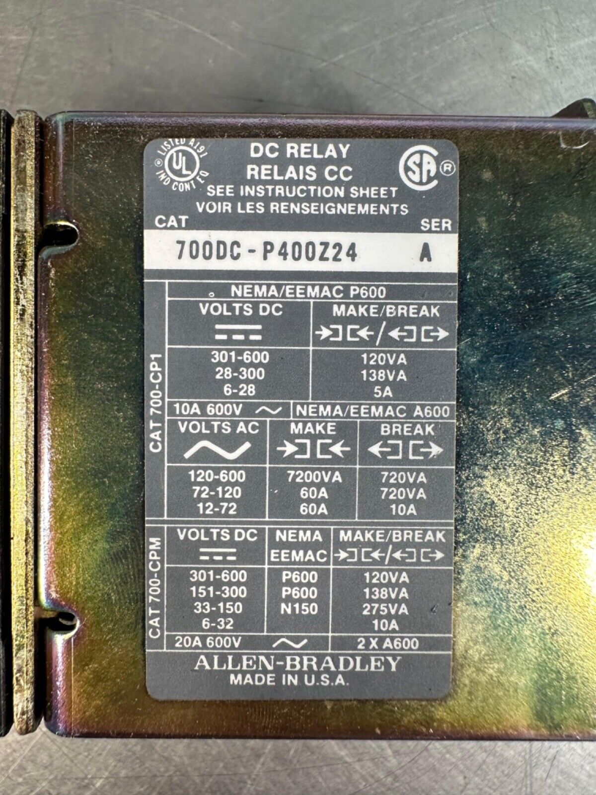 Allen Bradley 700DC-P400Z24 Ser A 700dc Bulletin Relay  (4c-39)