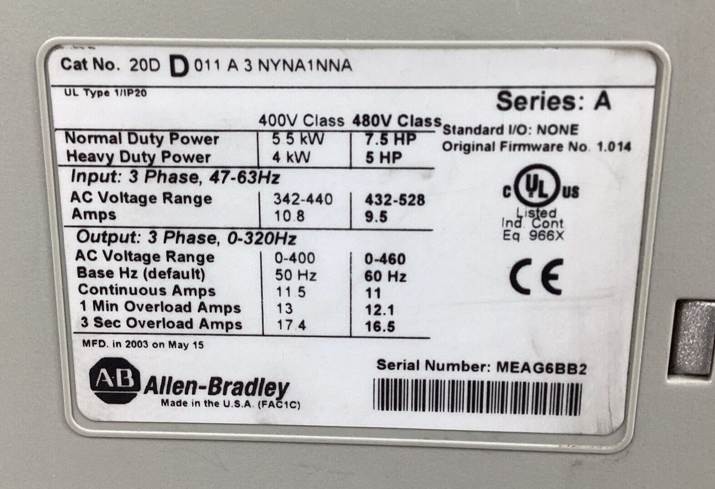 ALLEN BRADLEY  20DD011A3NYNA1NNA /A  PowerFlex 700S 7.5HP 3Ph 0-320Hz 480V    1C