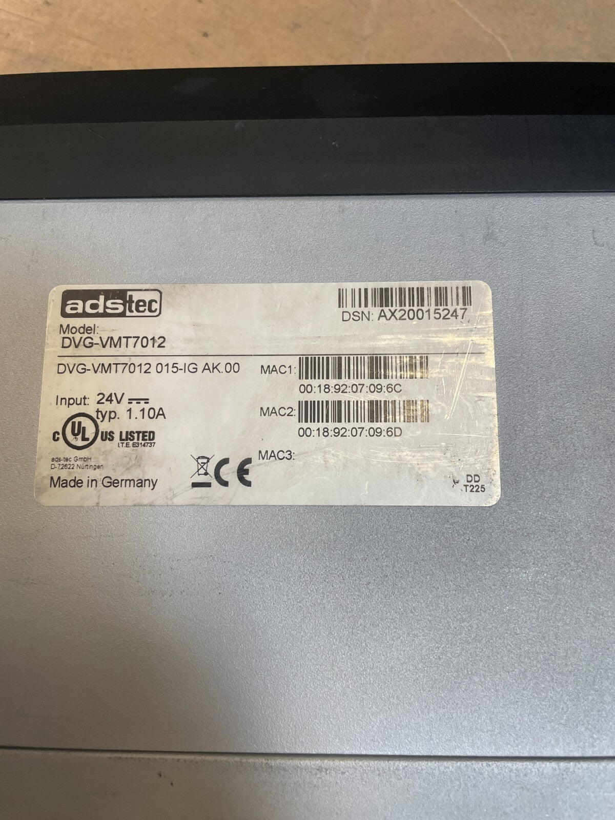 Ads Tec DVG-VMT7012 Silver & Black Terminal Touch PC Panel Dvg-Vmt 7012 Windows